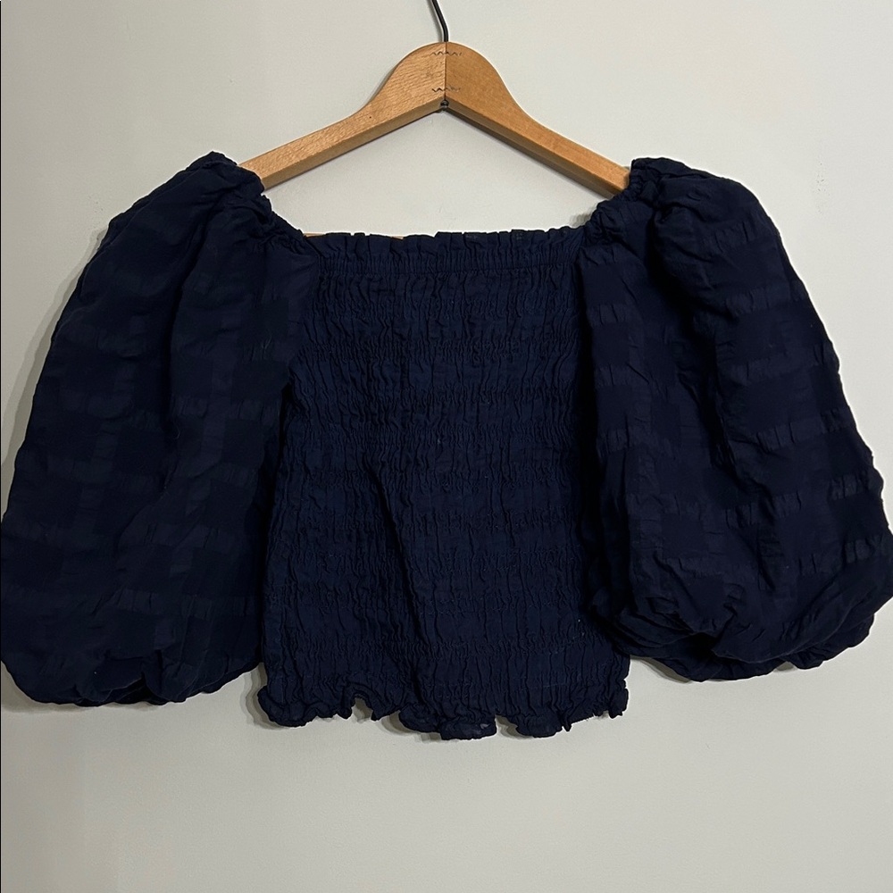 Anthropologie Navy Puff-Sleeve Smocked Crop Top